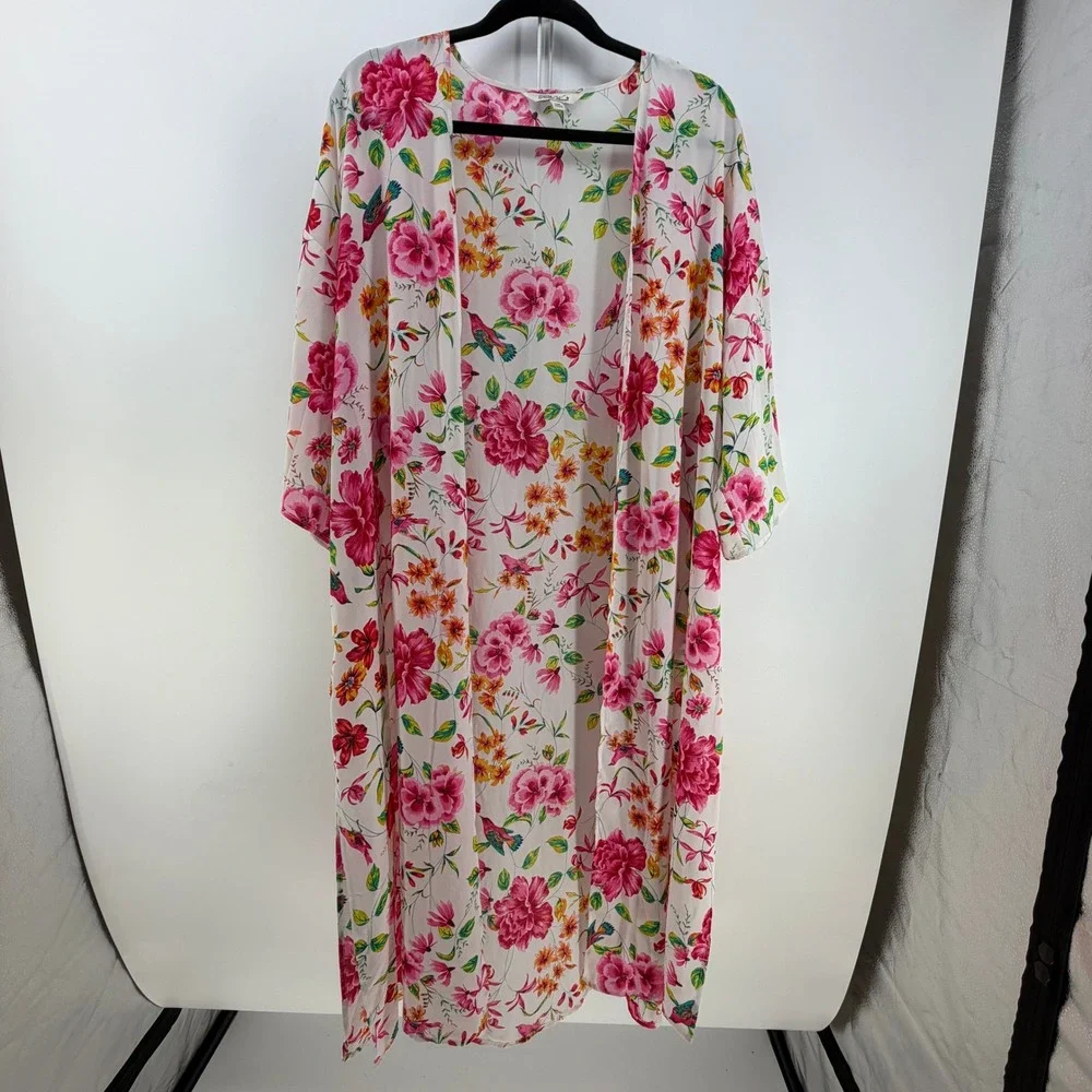 Pioneer Womans Duster Kimono Women S/M White Pink Floral Bird Boho Shabby Chic - Picture 1 of 7